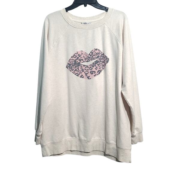 Wildfox Leopard Print Lips Oversized Sweatshirt Womens L Gray Pullover - Picture 1 of 4